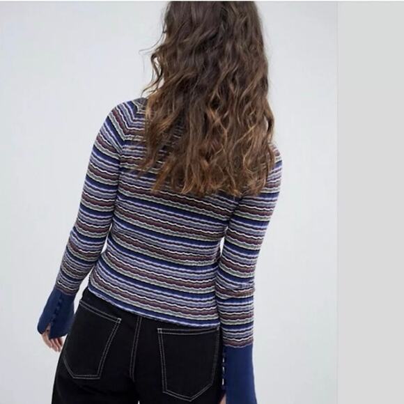 Free People Donna Tee Button Cuff Retro Top Navy - Picture 4 of 9